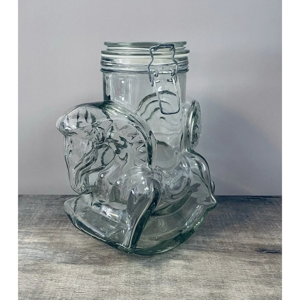 Vintage Large Carousel Rocking Horse Clear Thick Glass Canister Mason Jar Cookie